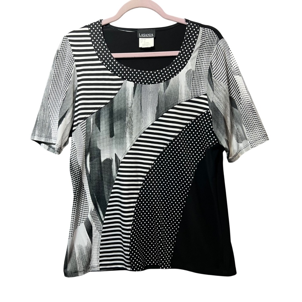 Vintage Lasania Abstract Geometric Top Black White Stretch Knit Short‎ Sleeve 10